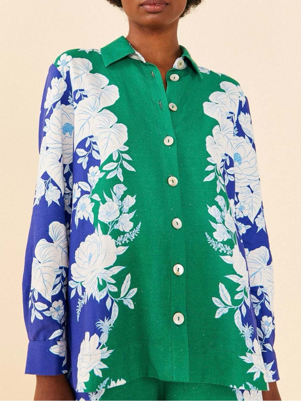 FARM Rio Soft Garden Shirt Button-Front Linen-Blend Women’s Medium Blue Green